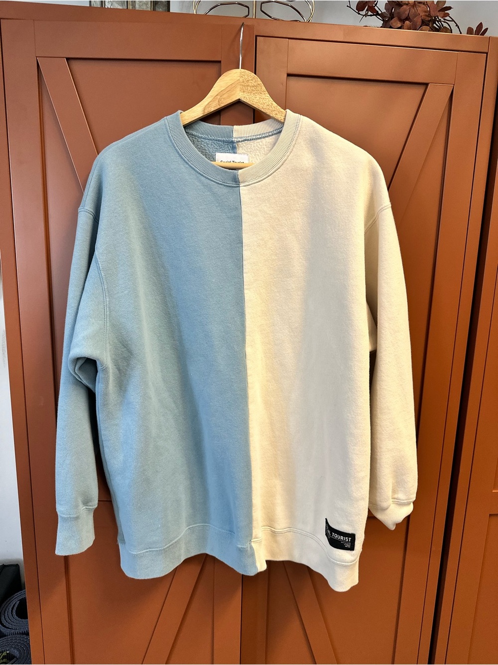 Social Tourist Women's Two-Tone Blue and Cream Crewneck Oversized Sweatshirt